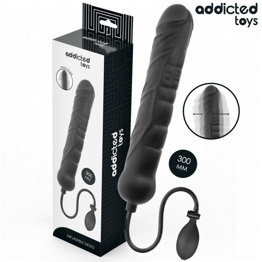 Emballage noir Addicted Toys du godemichet gonflable XL modele 5, avec badge 300 mm et vue du jouet a torsade
