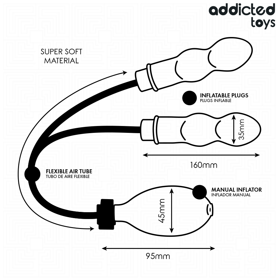 Schema technique des deux plugs gonflables du set : longueur 160 mm, diametre 35 mm, tuyau flexible et poire 45 x 95 mm