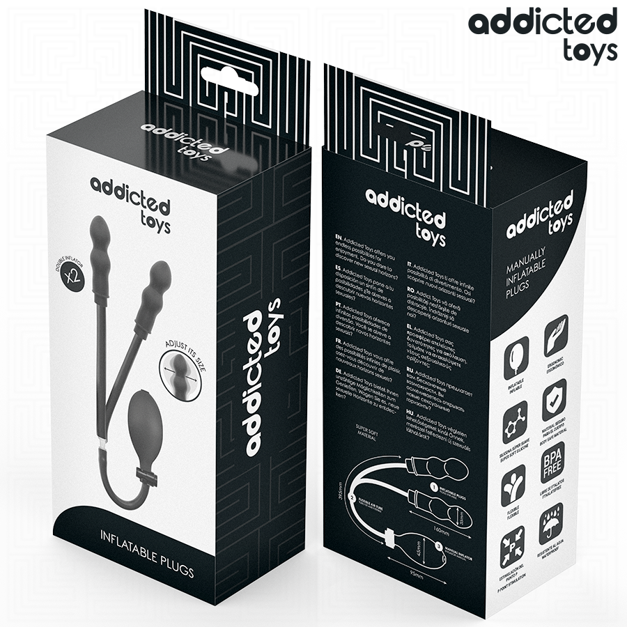 Emballage Addicted Toys recto et verso du set de plugs double gonflable, avec pictogrammes des caracteristiques et schema des dimensions
