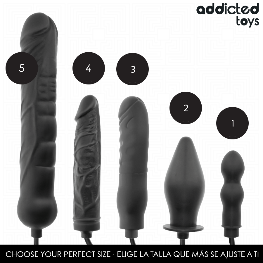 Comparatif des 5 tailles de la gamme gonflable Addicted Toys, du plug modele 1 au godemichet modele 5