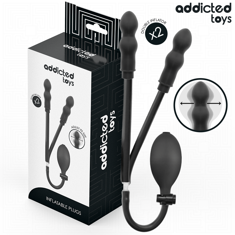 Emballage noir Addicted Toys du plug anal double gonflable modele 1, montrant les deux plugs relies a une poire de gonflage unique (Double Inflator x2)