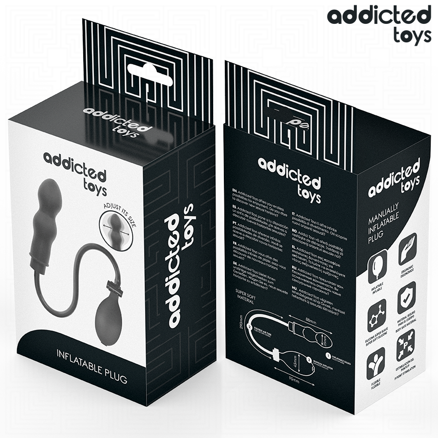 Emballage Addicted Toys recto et verso du plug modele 1, avec pictogrammes des caracteristiques et schema des dimensions