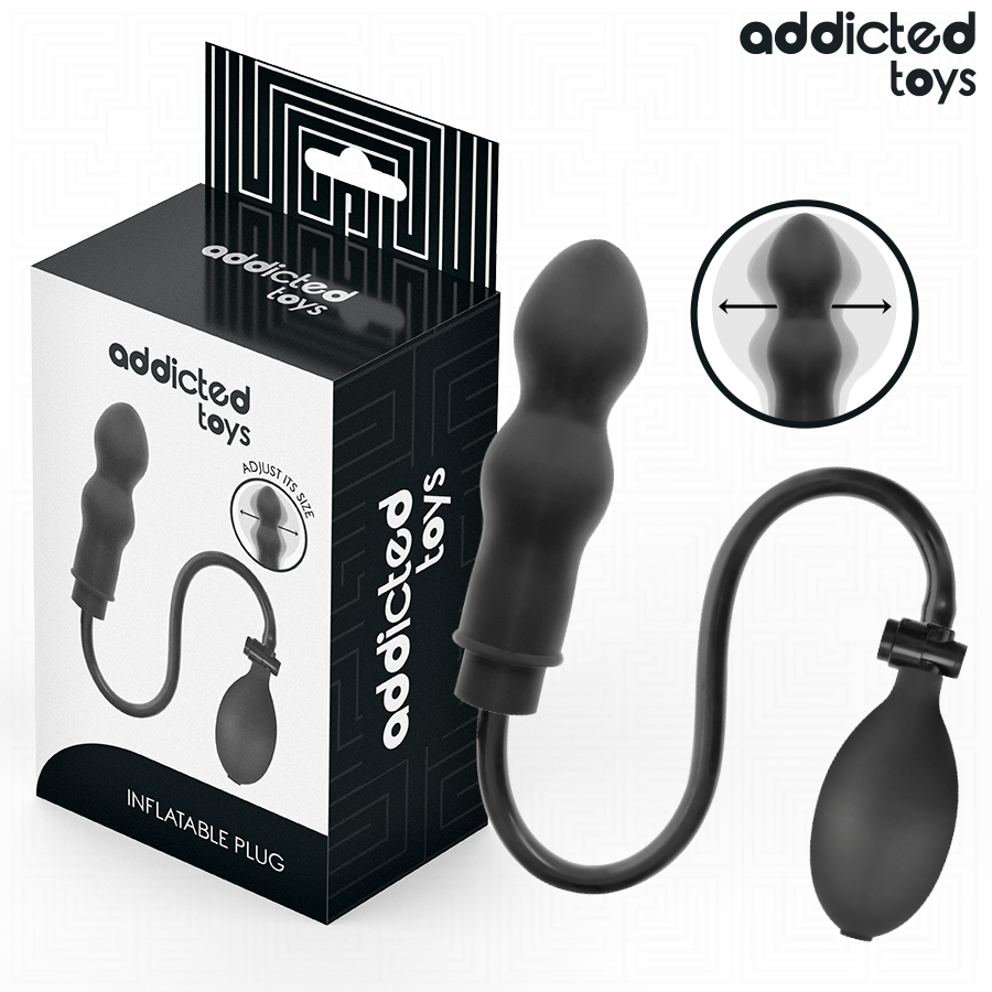 Emballage noir Addicted Toys du plug anal gonflable modele 1, avec vue du plug bulbeux et de sa poire de gonflage