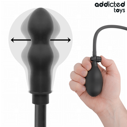 Illustration en fondu montrant l'expansion du plug modele 1 en forme de sablier sous l'effet du gonflage, et main actionnant la poire