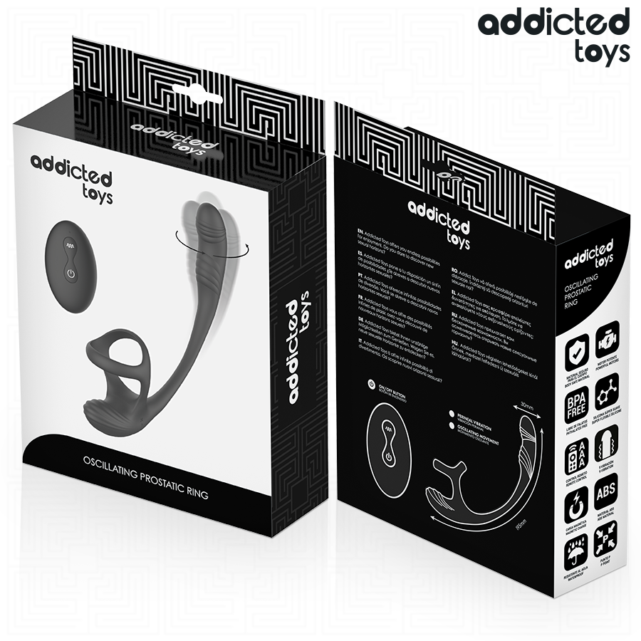 Boite du masseur prostatique oscillant Addicted, recto verso detaillant le dispositif silicone a anneau et embout rotatif avec les pictogrammes techniques du produit.