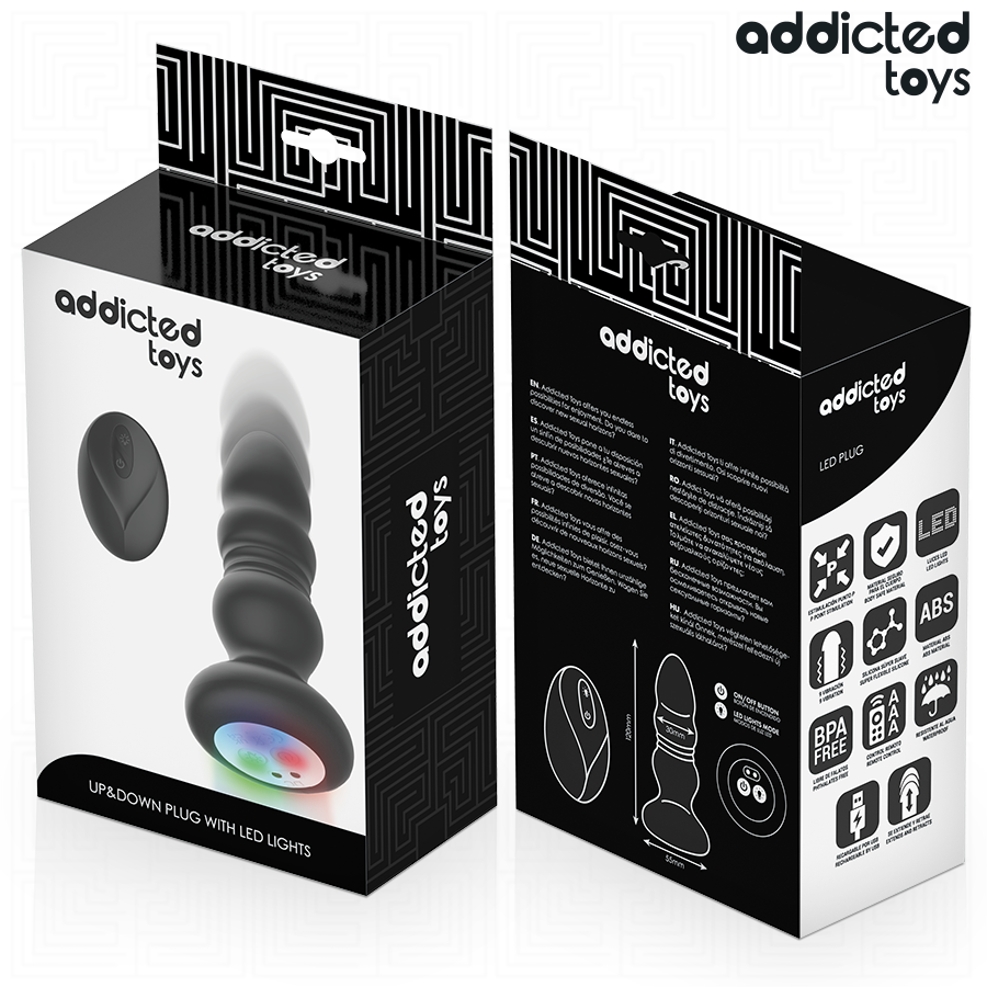 Boite du plug anal a billes lumineux Addicted, recto verso montrant le plug silicone a base LED et les pictogrammes techniques du dispositif a billes etagees.