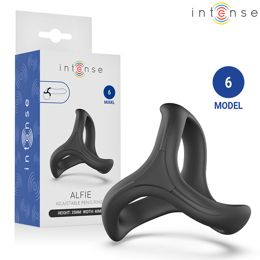 Alfie anneau pénis triple réglable — packaging et rendu du produit avec pastille modèle 6 et schéma de port