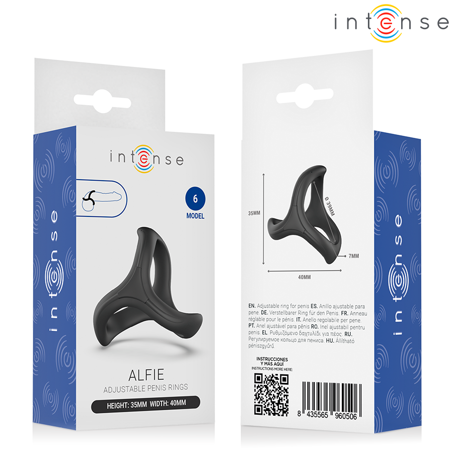 Alfie anneau pénis triple réglable — packaging recto-verso avec schéma des dimensions (35 x 40 mm)