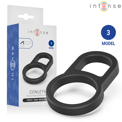 Conleth anneau pénis double réglable — packaging et rendu du produit avec pastille modèle 3 et schéma de port