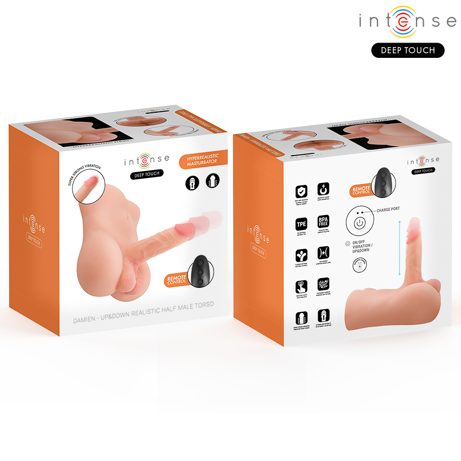 Boite Intense Deep Touch du torse masculin Damien montrant le gode realiste en photo, packaging orange avec pictogrammes et telecommande, fonctions poussee et vibration.