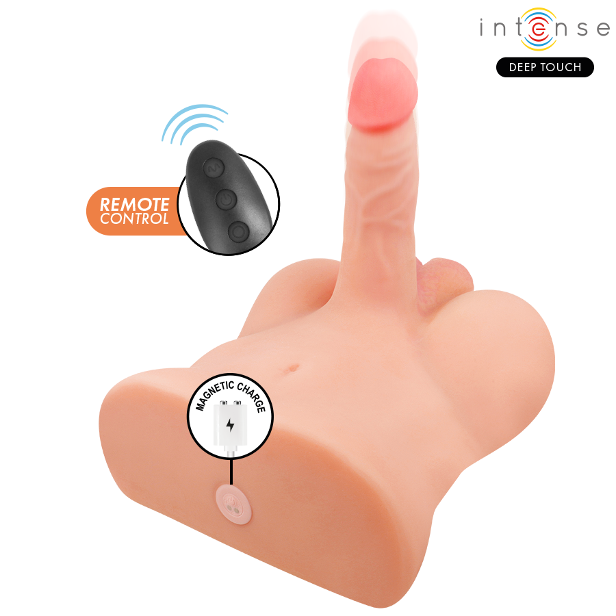 Torse masculin Damien vu en angle avec gode realiste dresse et telecommande, base anatomique en silicone TPE, fonctions vibration et va-et-vient motorise a distance.