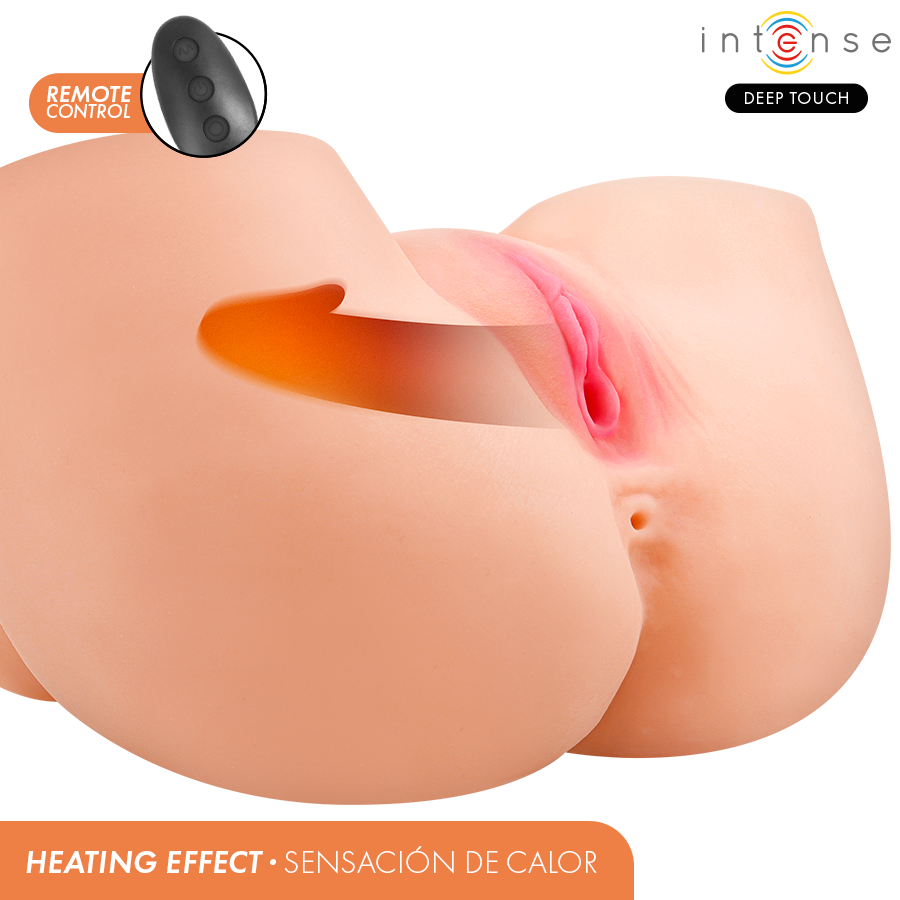 Masturbateur buste feminin en coupe illustrant l'effet chauffant a l'interieur du canal texture, silicone TPE realiste, fonctions vibration succion et chaleur a distance.