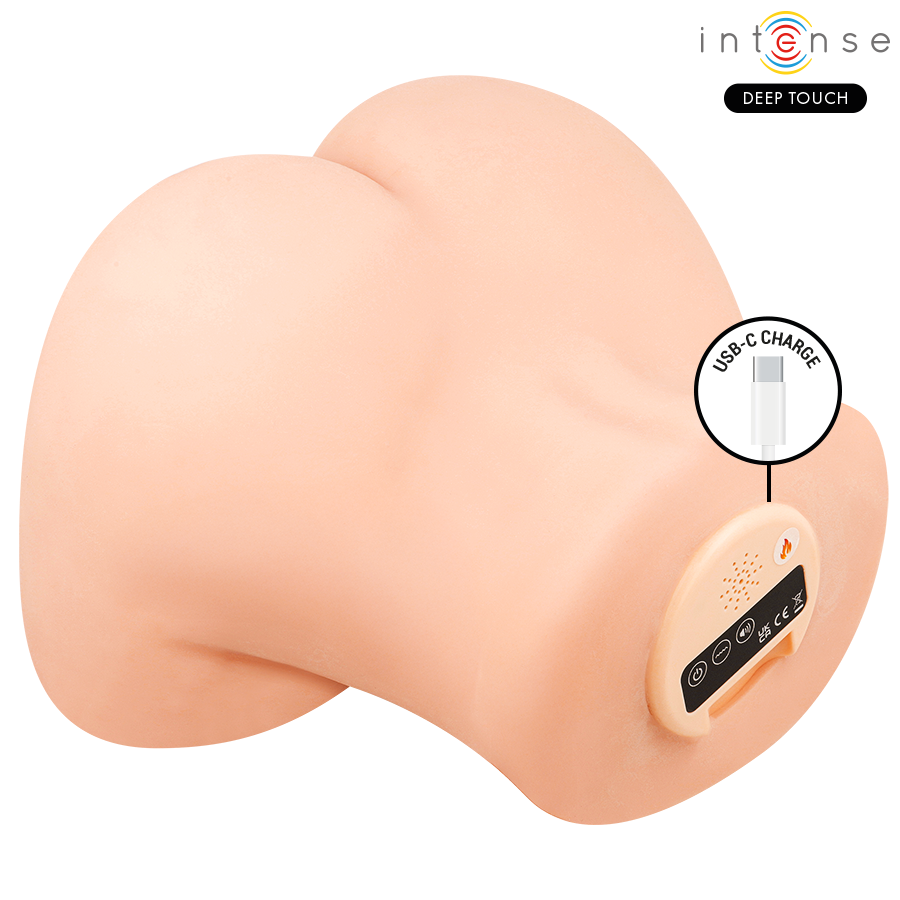 Masturbateur buste feminin vu de dos avec fesses moulees realistes et prise USB-C de recharge avec panneau de commande, silicone TPE, fonctions vibration succion et chaleur.