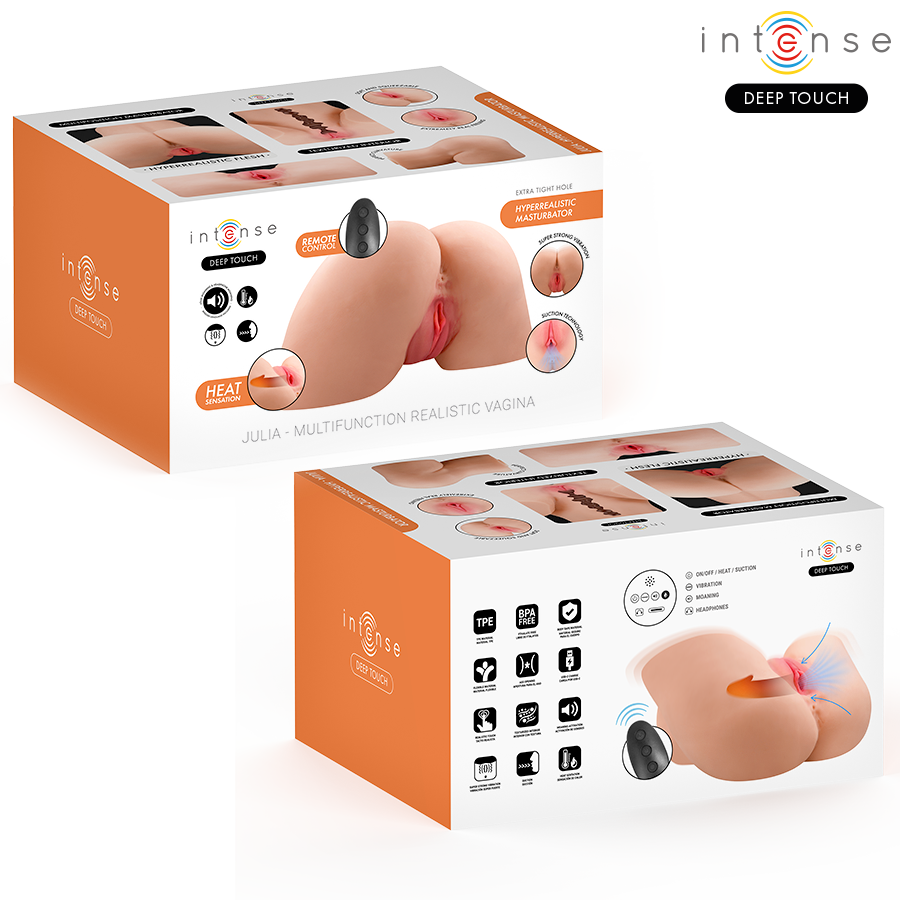 Masturbateur buste Julia grand format en silicone TPE realiste, pictogrammes vibration succion chaleur et telecommande, gabarit genereux pour experience immersive.