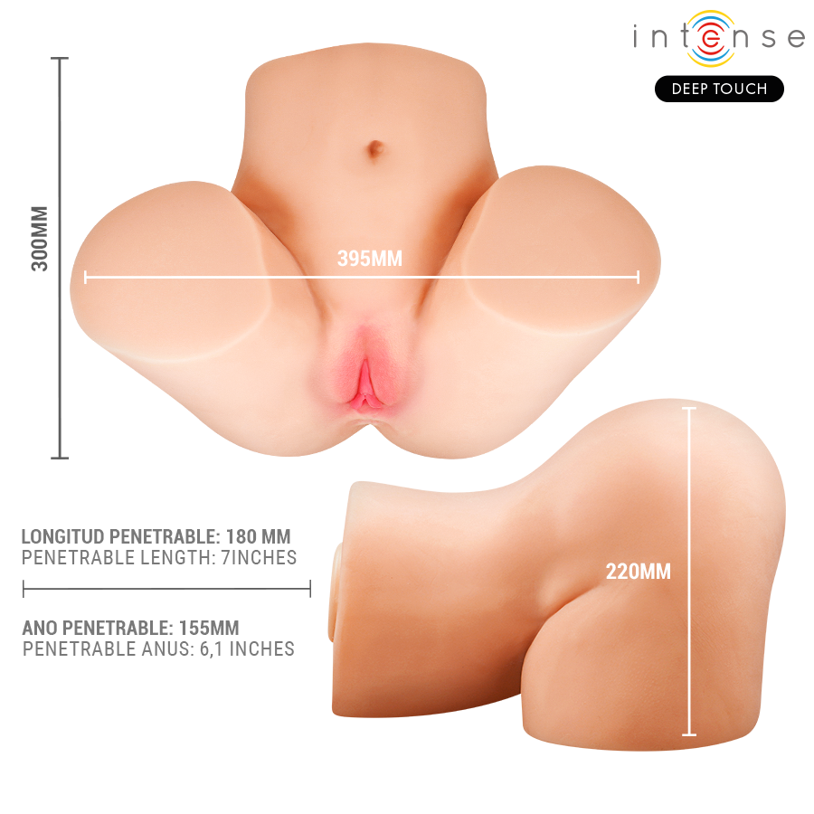 Masturbateur buste Julia en schema coté, hauteur 300 mm et 395 mm, longueur penetrable 180 mm et anus 155 mm, silicone TPE realiste grand format immersif.