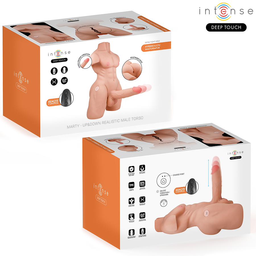 Boite Intense Deep Touch du torse masculin Marty grand format montrant le produit realiste en photo, packaging orange a pictogrammes, fonctions poussee et vibration.