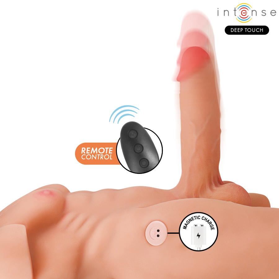Torse masculin Marty grand format avec gode realiste dresse, prise de recharge magnetique et telecommande, buste nu en TPE, fonctions vibration et poussee a distance.