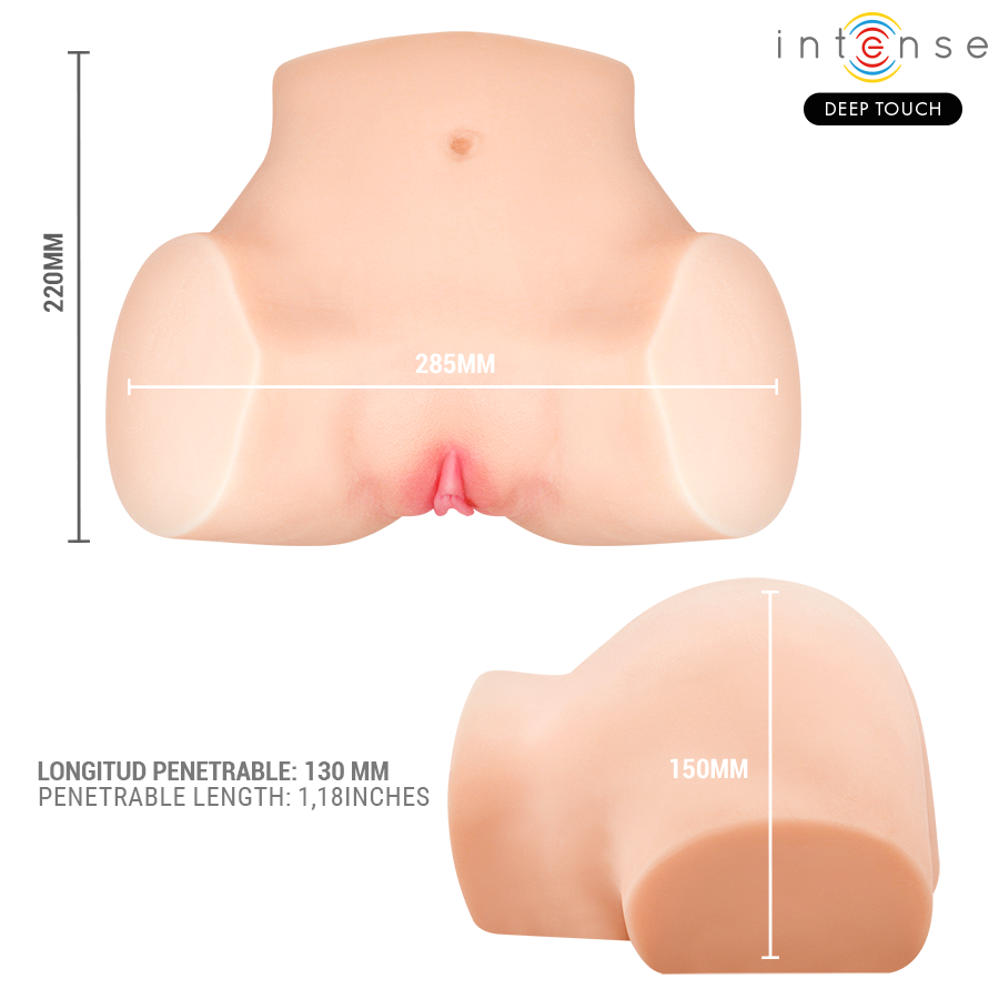 Masturbateur buste Nicole en schema avec cotes 220 mm de haut et 285 mm, longueur penetrable 130 mm, silicone TPE realiste pour une experience immersive a distance.