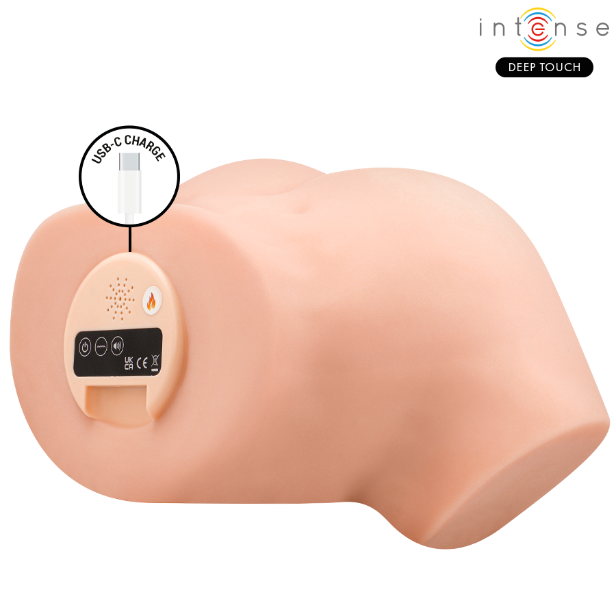 Masturbateur buste Nicole vu de dos avec le panneau de commande et la prise USB-C de recharge, silicone TPE realiste, fonctions succion vibration chaleur et sons.