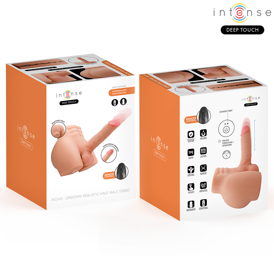 Boite Intense Deep Touch du demi-torse masculin Richie montrant le gode realiste en photo, packaging orange a pictogrammes, fonctions poussee vibration et anus penetrable.