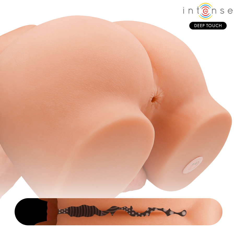 Demi-torse masculin Richie vu de dos sur les fesses et l'anus penetrable, coupe d'un canal texture insere, TPE realiste, fonctions vibration et poussee a distance.