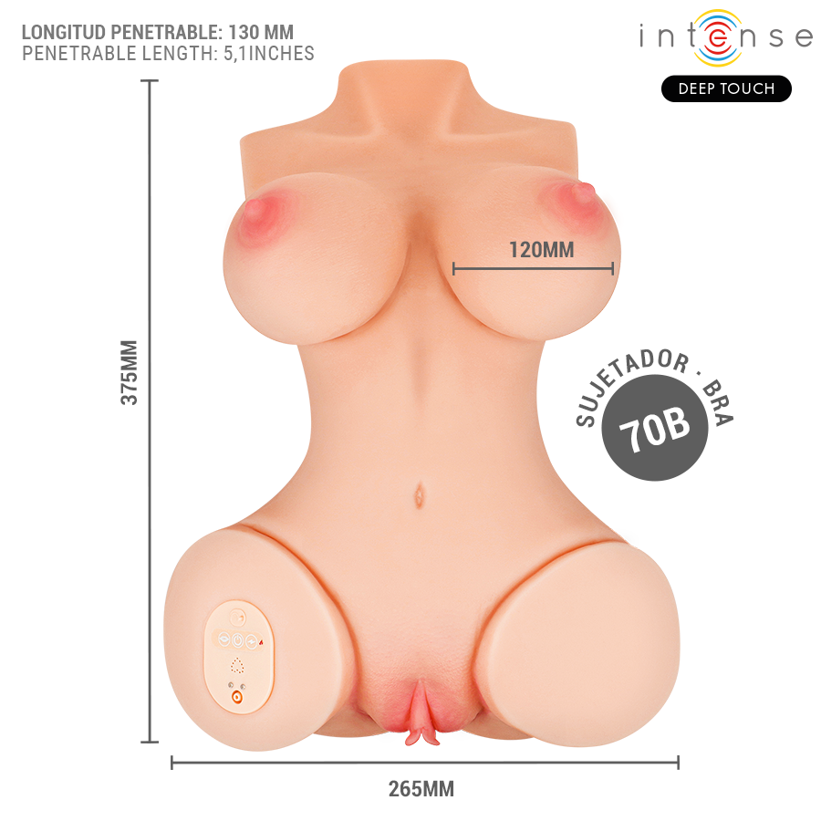 Torse masturbateur feminin en schema coté, hauteur 375 mm et 265 mm, bonnet 70B, longueur penetrable 130 mm, TPE realiste a buste, seins et vulve detailles.