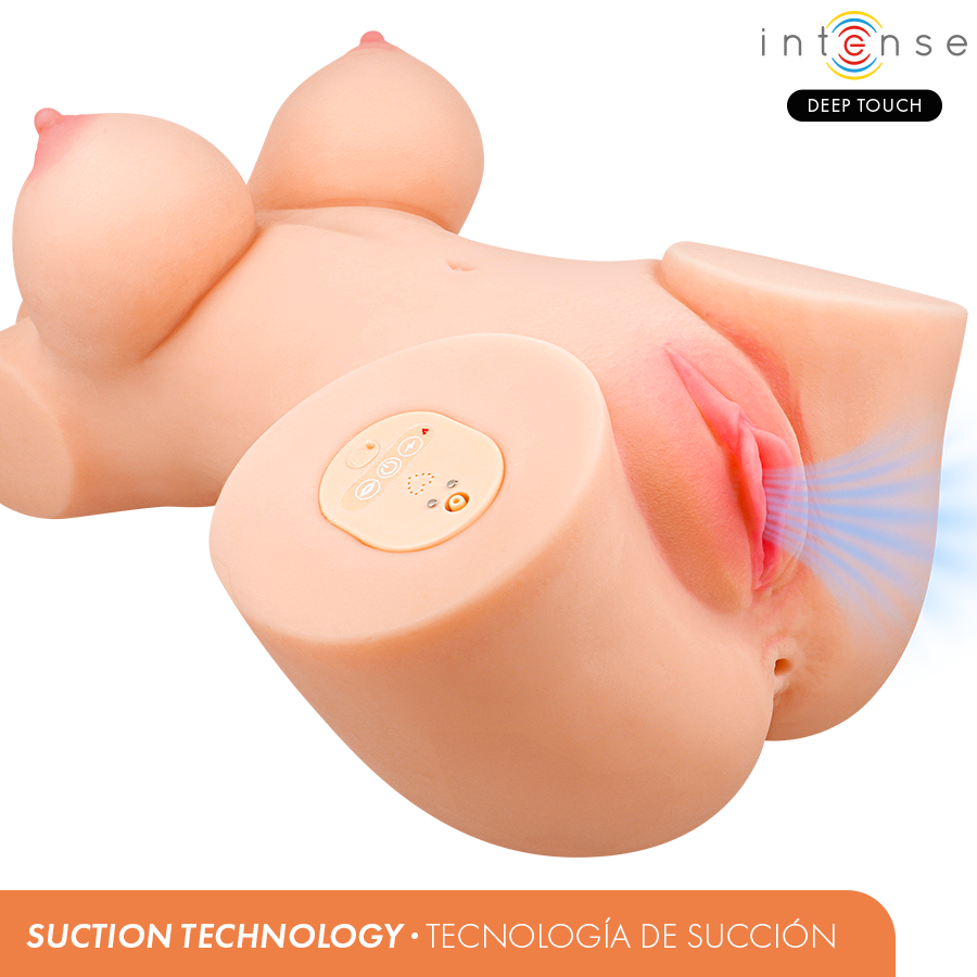Torse masturbateur feminin de dos illustrant la technologie de succion sur l'entree realiste en TPE, fesses moulees, fonctions vibration succion et chaleur a distance.