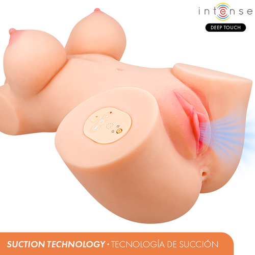 Torse masturbateur feminin de dos illustrant la technologie de succion sur l'entree realiste en TPE, fesses moulees, fonctions vibration succion et chaleur a distance.