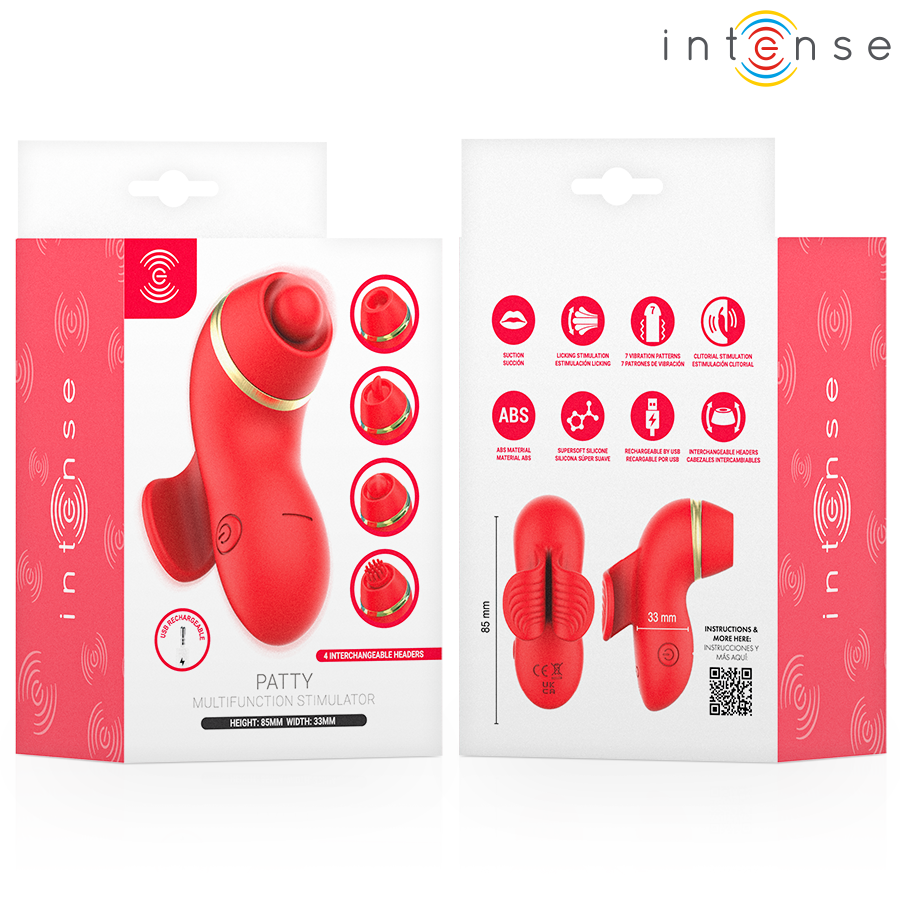 Boite rouge du stimulateur clitoridien par aspiration Patty Intense, avec ses quatre tetes interchangeables en silicone presentees, format rechargeable a telecommande