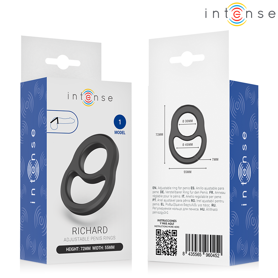 Emballage Richard Intense recto et verso, avec schema des dimensions (72 x 55 mm) et code-barres