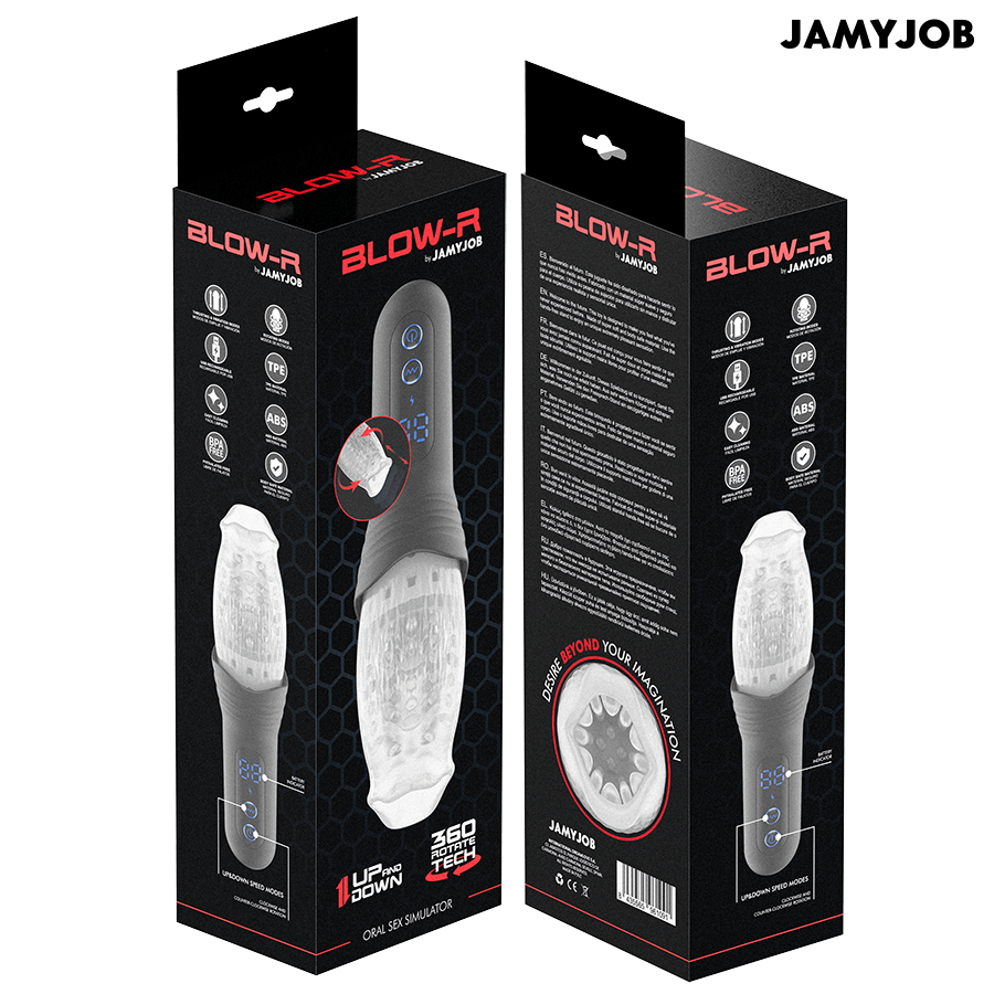 Emballage Blow-R Jamyjob, recto et verso avec pictogrammes et description des fonctions