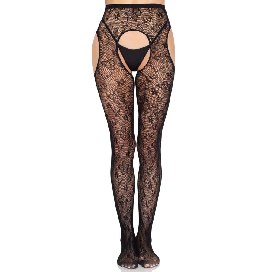 Collant resille noir a motif floral et ouverture a l'entrejambe porte de face, jambes nues et string apparent, maille graphique, look seduction Leg Avenue.