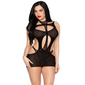 Robe résille noire portée de face, bras le long du corps, regard caméra