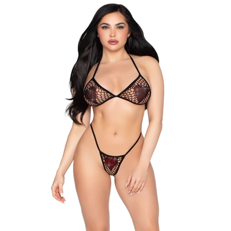 Soutien-gorge et string en résille noirs avec cœur strassé, vue de face, mannequin bras le long du corps