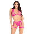 Ensemble soutien-gorge et culotte en dentelle rose fuchsia avec porte-jarretelles, vue de face, mannequin main sur la hanche
