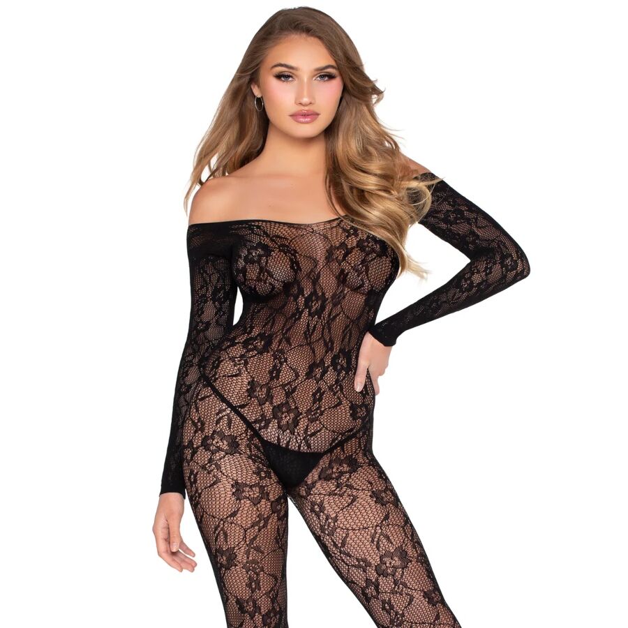 Bodystocking dentelle florale noir a epaules denudees porte de face, transparence revelant le buste sous la maille, coupe moulante, look seduction Leg Avenue.
