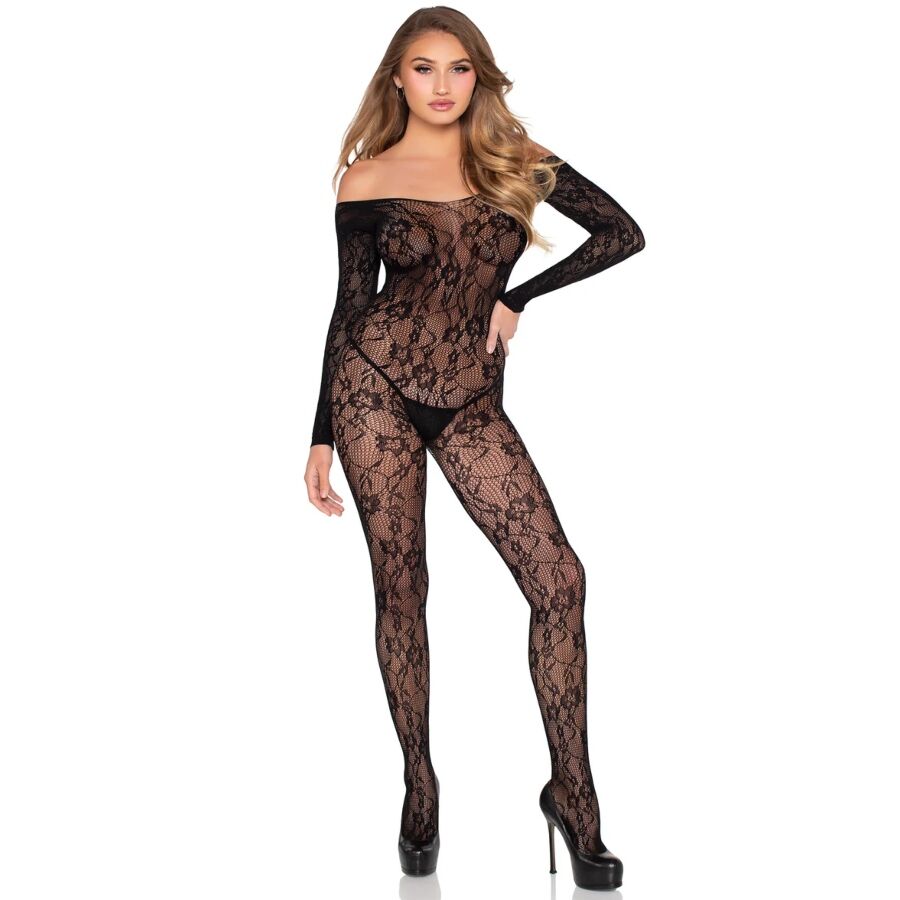 Bodystocking dentelle florale noir a epaules denudees porte de trois-quarts, transparence sur le buste et les jambes, look seduction affirme Leg Avenue.