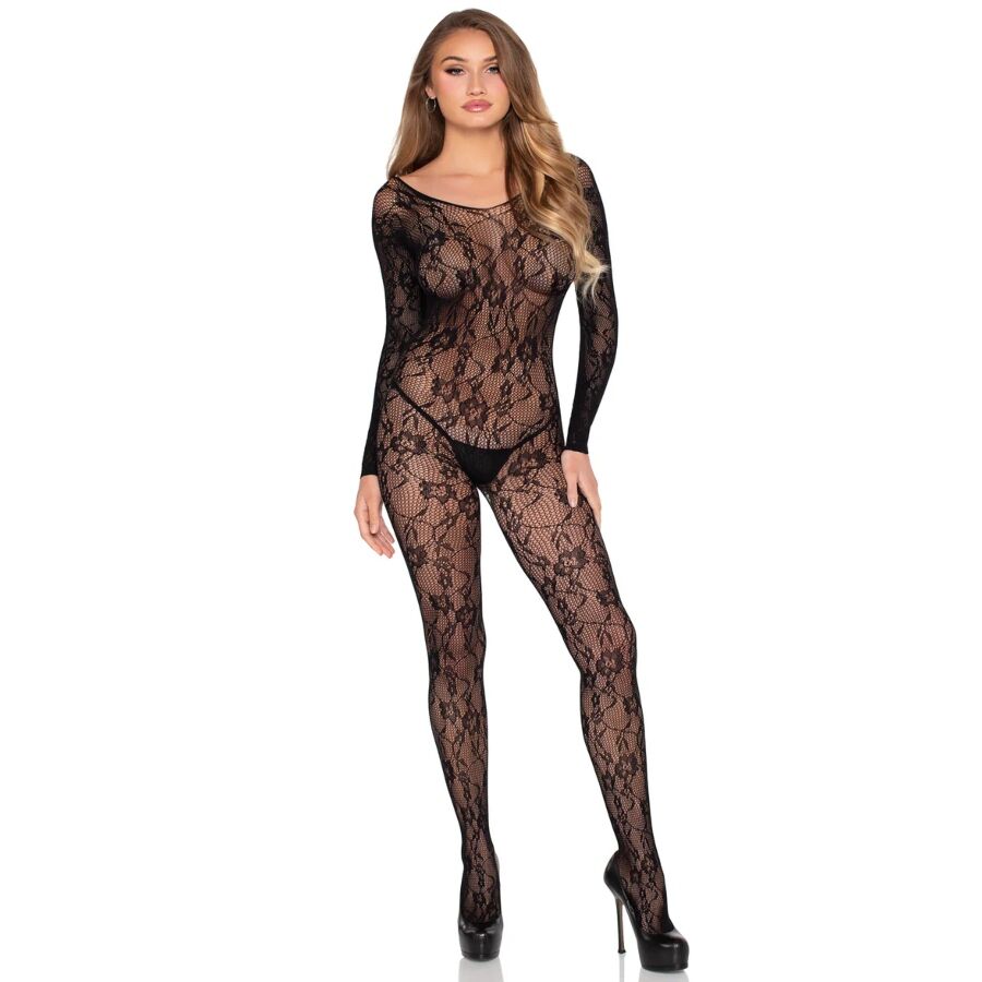 Bodystocking dentelle florale noir a manches longues, transparence revelant la silhouette sous la maille graphique, encolure bateau, allure sensuelle.