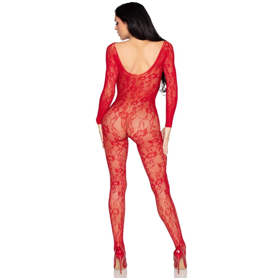 Vue de dos du bodystocking dentelle florale rouge, dos nu profond et transparence laissant deviner les jambes nues sous la maille, allure sensuelle.