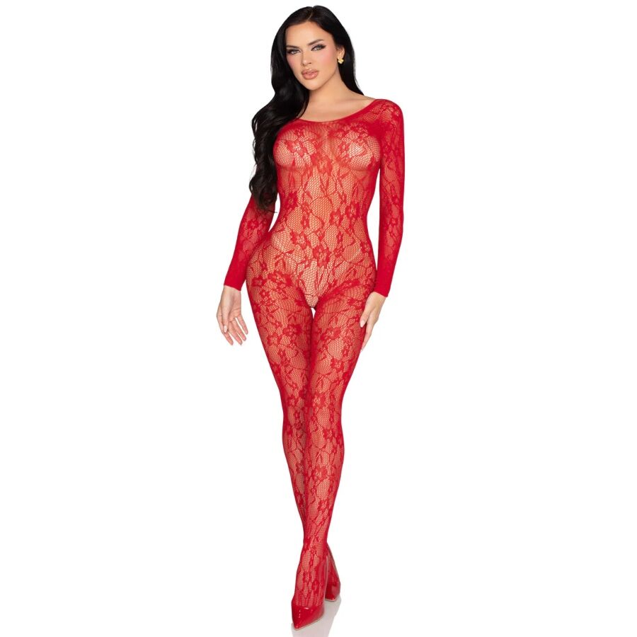 Bodystocking dentelle florale rouge a manches longues porte de face, transparence integrale sur le corps, encolure bateau, look seduction affirme.