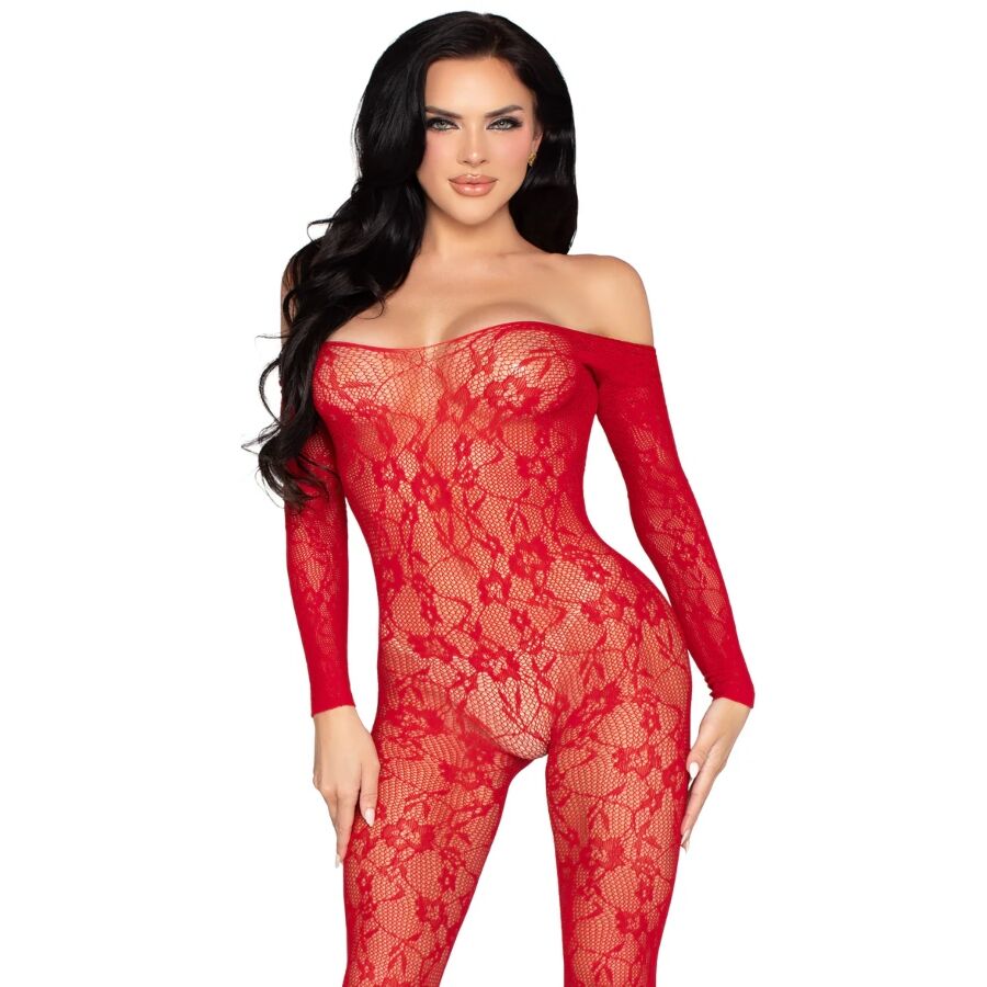Bodystocking dentelle florale rouge a epaules denudees porte de face, transparence revelant le buste sous la maille, coupe moulante ardente, Leg Avenue.