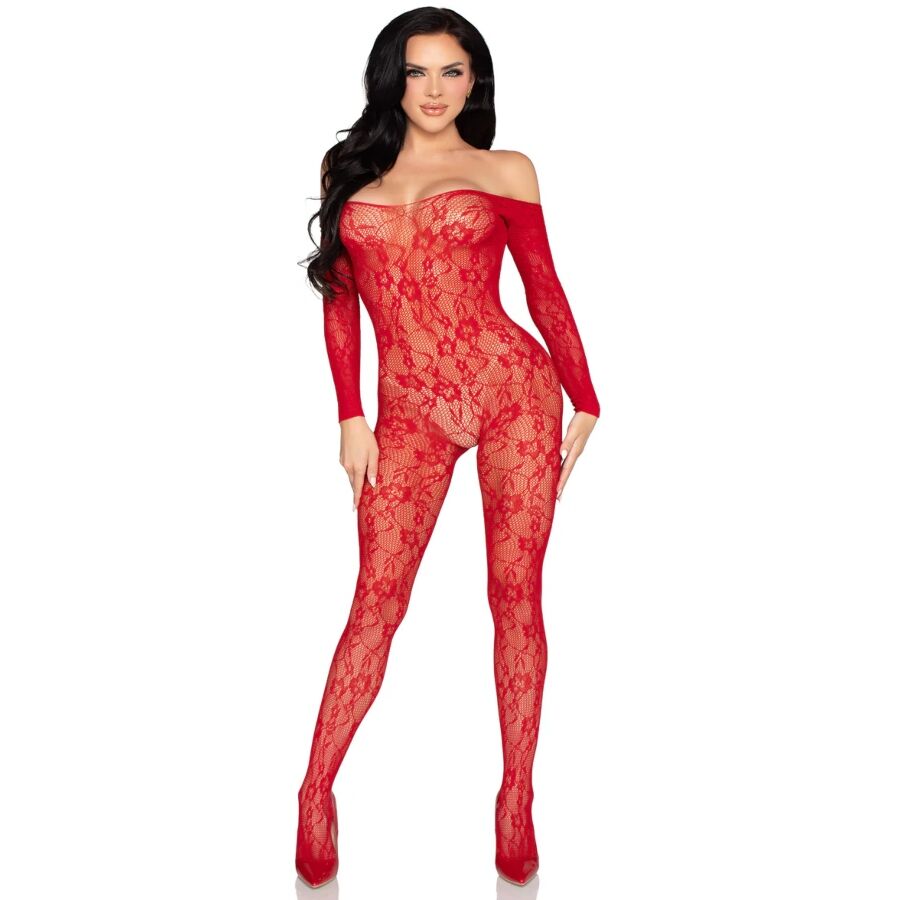 Bodystocking dentelle florale rouge a epaules denudees porte en pied, transparence revelant la silhouette sous la maille, look audacieux Leg Avenue.