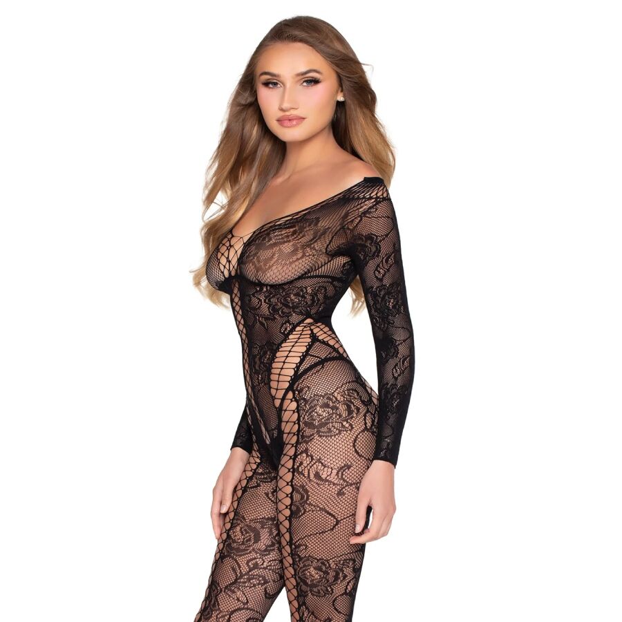 Combinaison résille et dentelle noire à manches longues, vue de profil, buste et taille