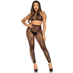 Crop top et collants ajourés sans entrejambe noirs, vue de face en pied, talons hauts