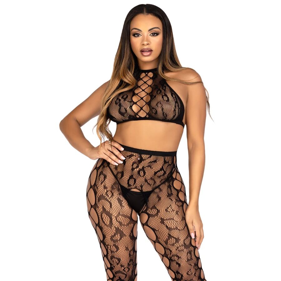 Crop top et collants ajourés sans entrejambe noirs, vue de face, main sur la hanche, col montant