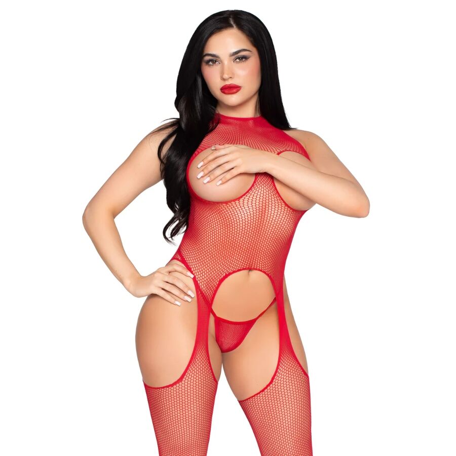 Ensemble résille rouge body col montant et string assorti — détail produit