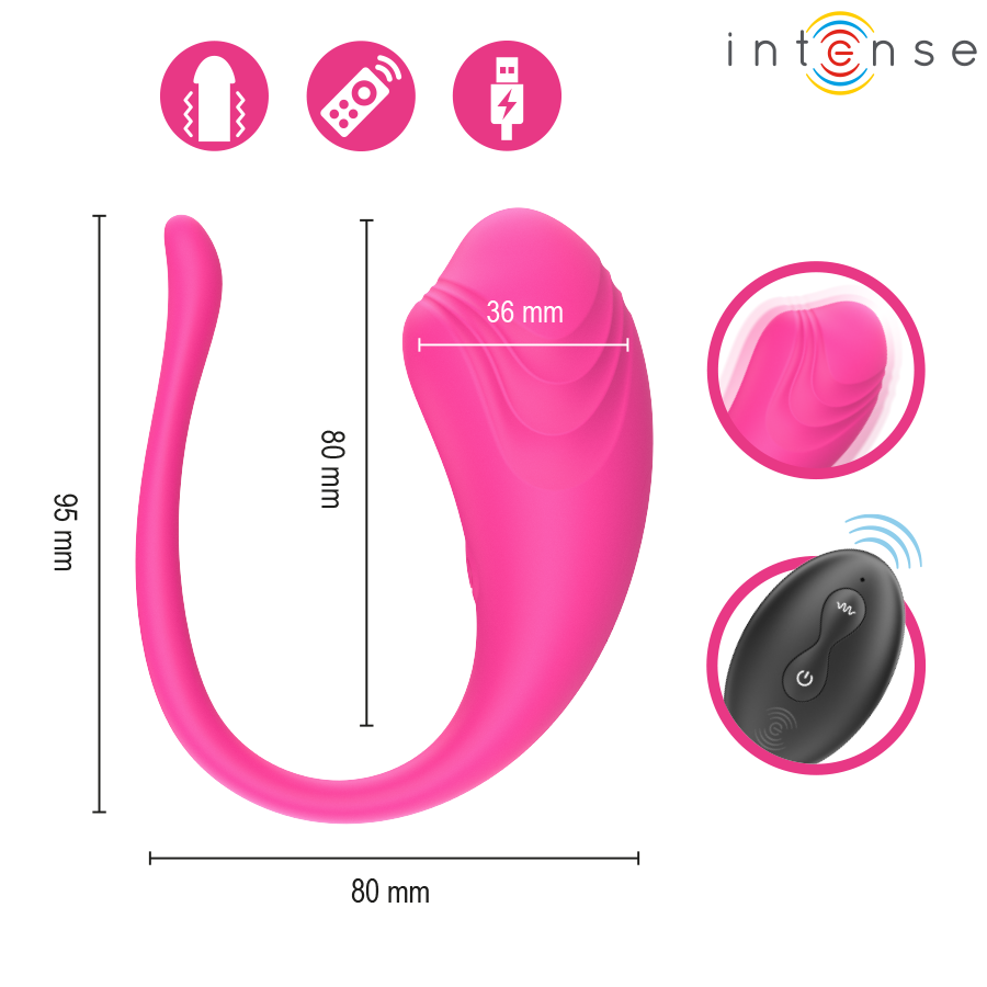 Oeuf vibrant Olivia Intense rose avec schema des dimensions 95 et 80 mm et embout de 36 mm, telecommande ronde et pictogrammes des fonctions
