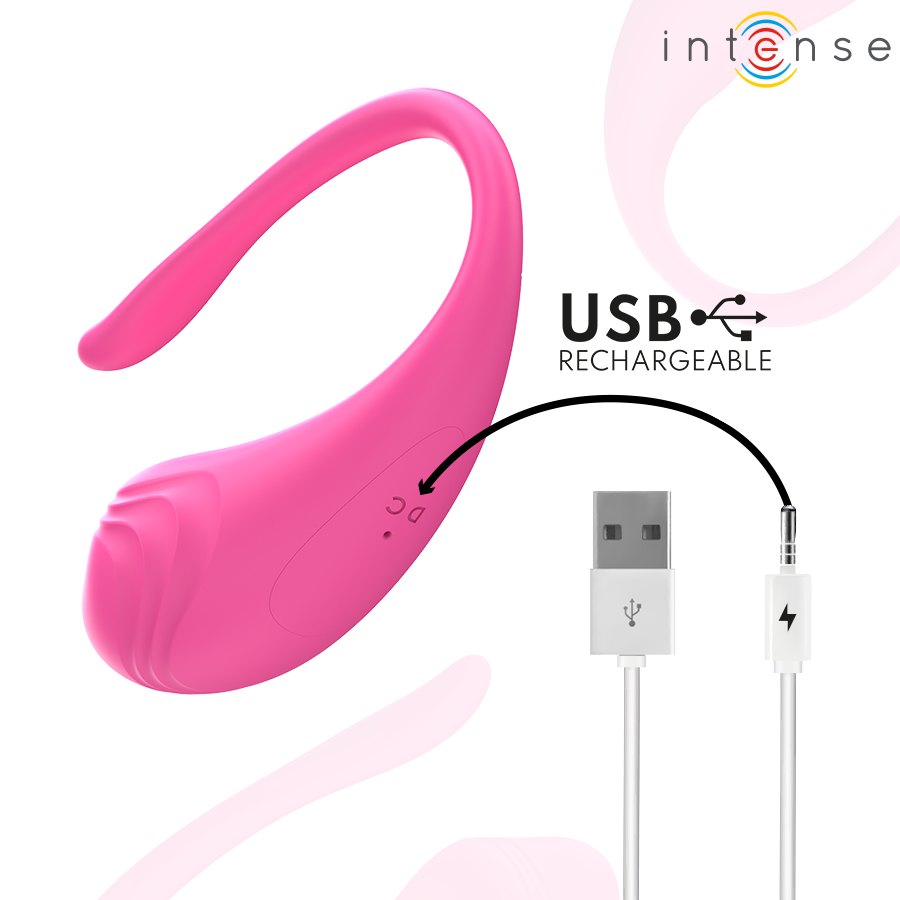 Oeuf vibrant Olivia Intense en silicone rose presente avec son cable de charge USB magnetique, longue tige flexible et embout arrondi rechargeable