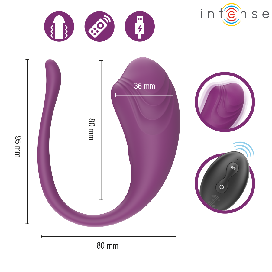 Oeuf vibrant Olivia Intense violet avec schema des dimensions 95 et 80 mm et embout de 36 mm, telecommande ronde et pictogrammes des fonctions