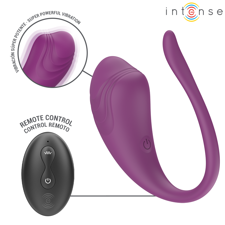 Oeuf vibrant Olivia Intense violet vu de profil avec encart sur la vibration puissante de l'embout et sa telecommande noire de controle a distance
